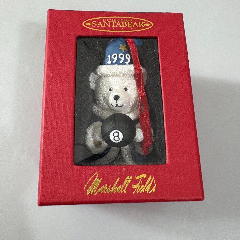 Marshall Fields Fifteen Year Santa Bear Ornament Christmas Magic 8 Ball 1999